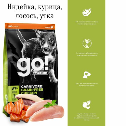 Сухой корм для щенков GO! Carnivore, беззерновой, курица, индейка, утка 1 уп. х 1 шт. х 1600 г фото, описание