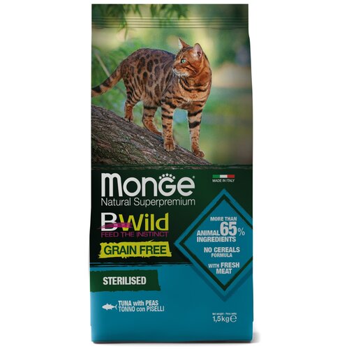 Сухой корм для стерилизованных кошек Monge BWILD Feed the Instinct, с тунцом, с горошком 1500 г фото, описание