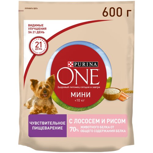 Сухой корм для собак Purina ONE Мини Чувствительная для мелких пород с лососем и рисом 600 г фото, описание