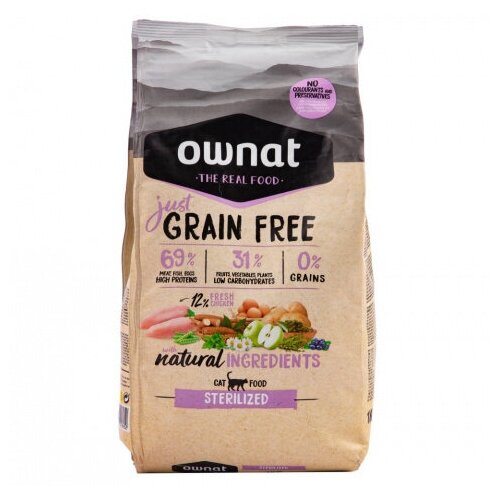 Ownat GRAIN FREE JUST сухой корм для стерилизованных кошек беззерновой, с курицей, 1 кг фото, описание