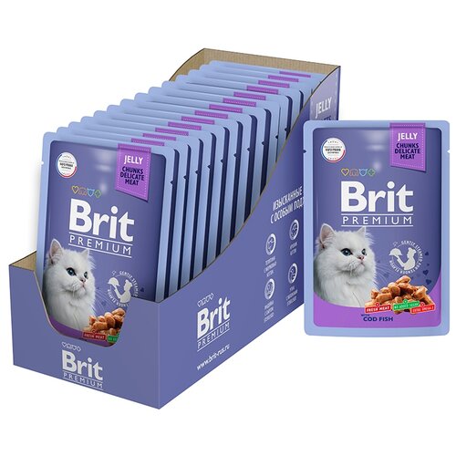 корм для кошек Brit Premium Cod Fish 14 шт. х 85 г (кусочки в желе) фото, описание