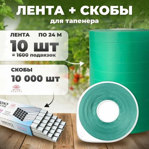 фото Лента для подвязки 24м. 140 мкр. 10 штук + скобы 10.000шт, купить онлайн за 729 рубл.