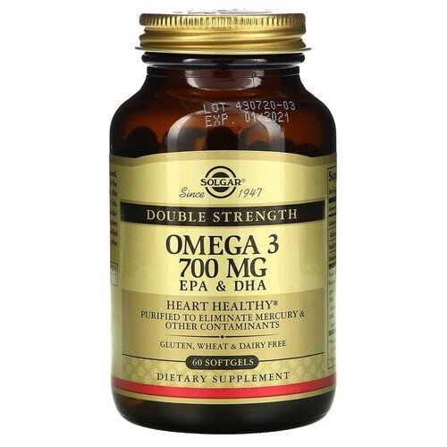 Solgar, Omega-3, EPA & DHA, Double Strength, 700 mg, 60 Softgels фото, описание