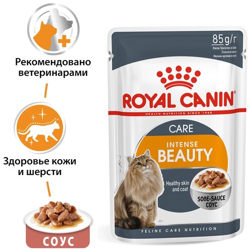 Влажный корм для кошек Royal Canin Intense Beauty, для здоровья кожи и блеска шерсти 10 шт. х 85 г (кусочки в соусе) фото, описание