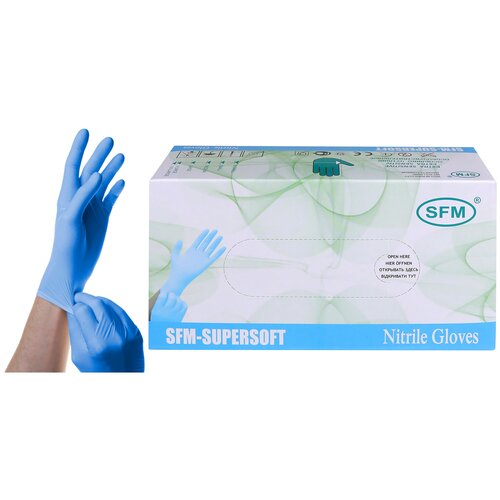 Перчатки смотровые SFM Supersoft Nitrile, 100 пар, размер: L, цвет: голубой, 1 уп. фото, описание