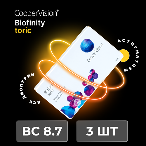 Контактные линзы CooperVision Biofinity Toric., 3 шт., R 8,7, D +3, CYL: -1,25, AХ: 160, бесцветный, 1 уп. фото, описание