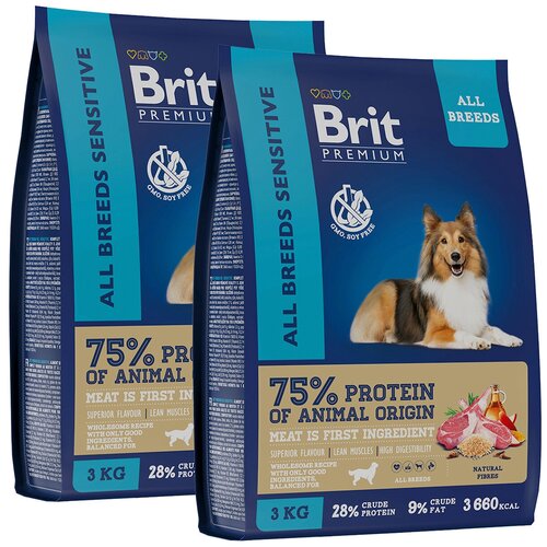 BRIT PREMIUM DOG ADULT SENSITIVE для взрослых собак всех пород с чувствительным пищеварением с ягненком и рисом (3 + 3 кг) фото, описание