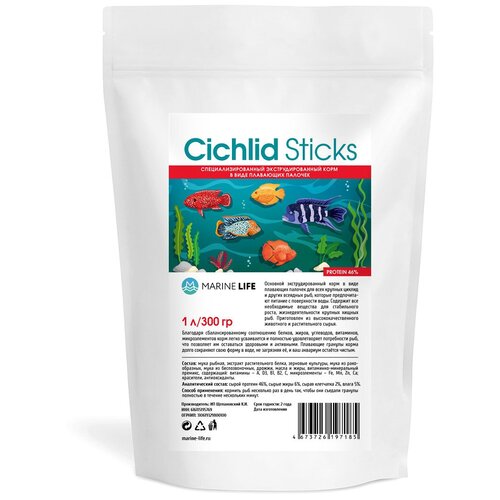 Корм для крупных цихлид и других всеядных рыб, Marine Life Cichlid Sticks, 1Л/300г фото, описание