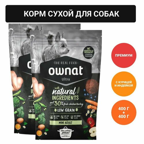 Ownat Mini Adult Ultra Сухой корм для собак мелких пород, с курицей и индейкой, 400 гр. фото, описание