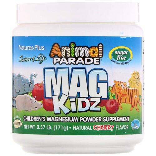 NaturesPlus Animal Parade Mag Kidz 171г (вишня) Магний порошок без сахара для детей, здоровье костей и зубов, укрепление иммунитета фото, описание