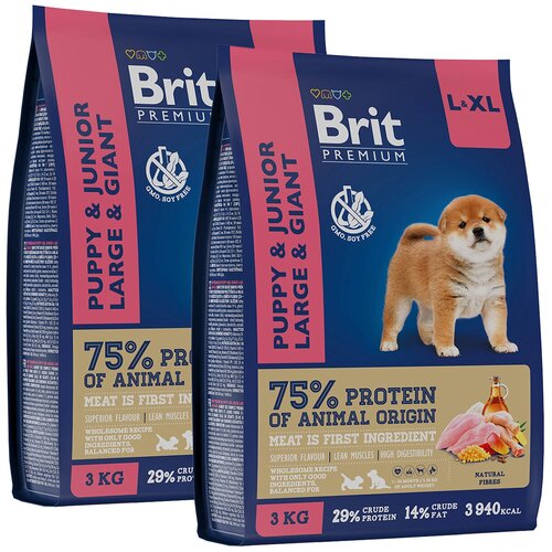 BRIT PREMIUM DOG PUPPY & JUNIOR LARGE & GIANT для щенков и молодых собак крупных и гигантских пород с курицей (3 + 3 кг) фото, описание