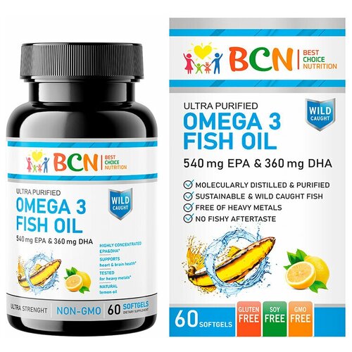 BCN Omega-3 Fish Oil 1500мг EPA & 1200мг DHA капс, 60 шт. с лимоном, рыбий жир фото, описание