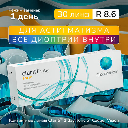 Контактные линзы CooperVision Clariti 1 day toric., 30 шт., R 8,6, D -6,5, CYL: -1,75, AХ: 10, прозрачный, 1 уп. фото, описание