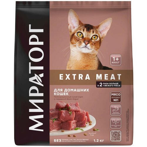 Мираторг EXTRA MEAT полнорационный сухой корм с говядиной Black angus для домашних кошек старше одного года 1,2 кг фото, описание