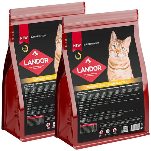 LANDOR CAT ADULT STERILIZED для взрослых кастрированных котов и стерилизованных кошек с индейкой и уткой (0,4 + 0,4 кг) фото, описание