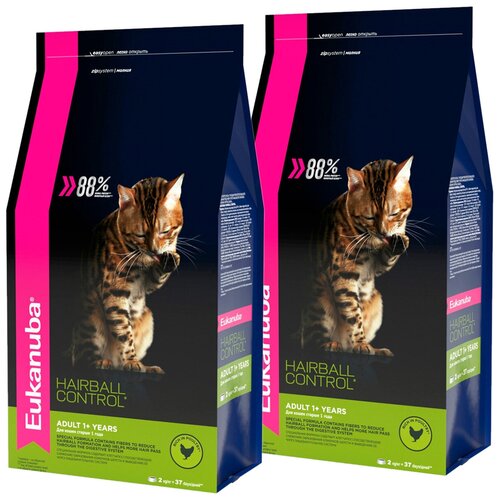 EUKANUBA ADULT HAIRBALL CONTROL/INDOOR для взрослых кошек для вывода шерсти с птицей (2 + 2 кг) фото, описание