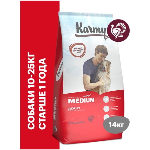 Сухой корм KARMY Medium Adult для взрослых собак средних пород старше 1 года Индейка 14кг фото, описание