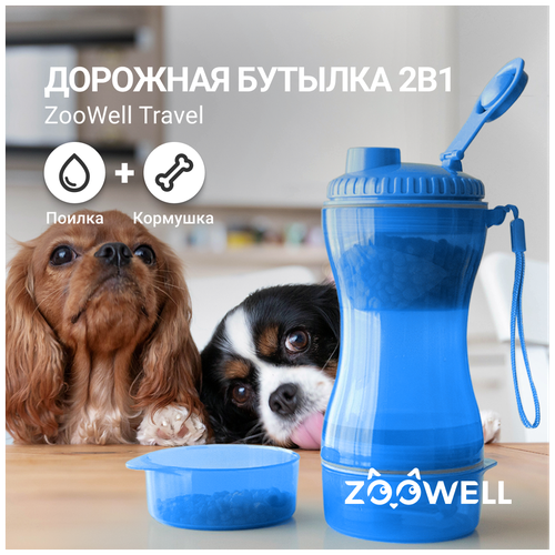 Поилка-кормушка 2 в 1 для животных ZooWell Travel, поилка переносная для собак, голубая, 86x97x203 мм фото, описание