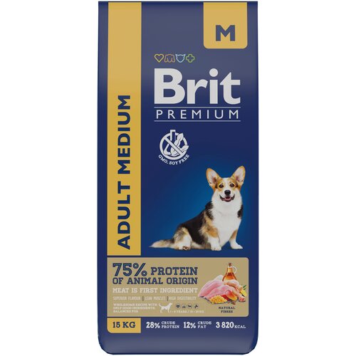 Brit Premium Dog Adult Medium 15кг курица сухой корм для взрослых собак средних пород фото, описание