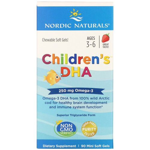 Nordic Naturals, ДГК (докозагексаеновая кислота), Омега-3, для детей, клубника, для детей 3–6 лет, 250 мг, 90 желатиновых мини-капсул фото, описание