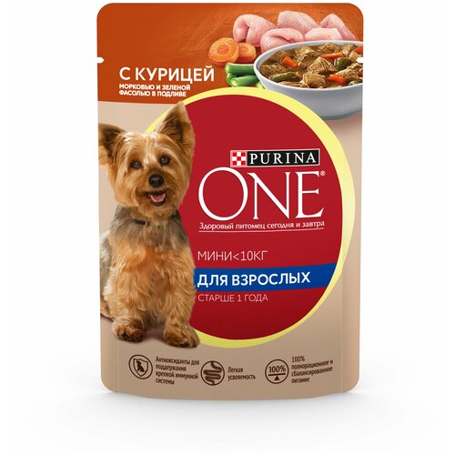 Влажный корм 26 шт*85г PURINA ONE MINI с курицей, морковью и фасолью для малых пород, 1 коробка фото, описание