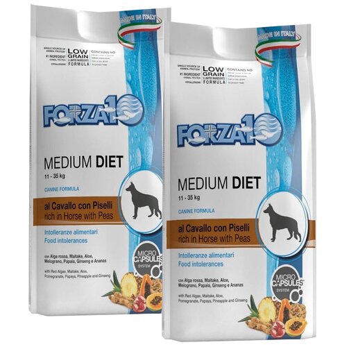 FORZA10 DOG MEDIUM MONODIET LOW GRAIN монобелковый низкозерновой для взрослых собак средних пород при аллергии с кониной и горохом (12 + 12 кг) фото, описание