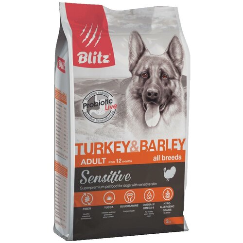 BLITZ SENSITIVE ADULT ALL BREEDS TURKEY & BARLEY для взрослых собак всех пород с индейкой и ячменем (2 кг) фото, описание