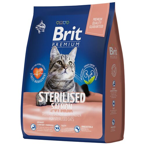 Brit Premium Cat Sterilized Salmon & Chicken Полнорационный сухой корм премиум класса с лососем для взрослых кошек, 2кг, 1шт фото, описание