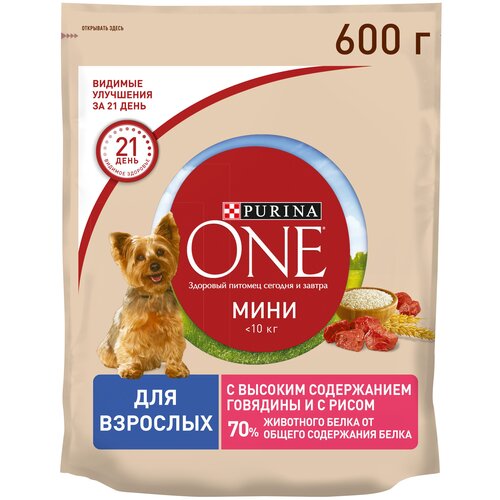 Сухой корм Purina ONE® для взрослых с говядиной и с рисом 600г фото, описание