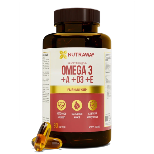 Комплекс витаминов Omega 3 +A+D3+E», Nutraway 90 капсул быстрого усвоения фото, описание