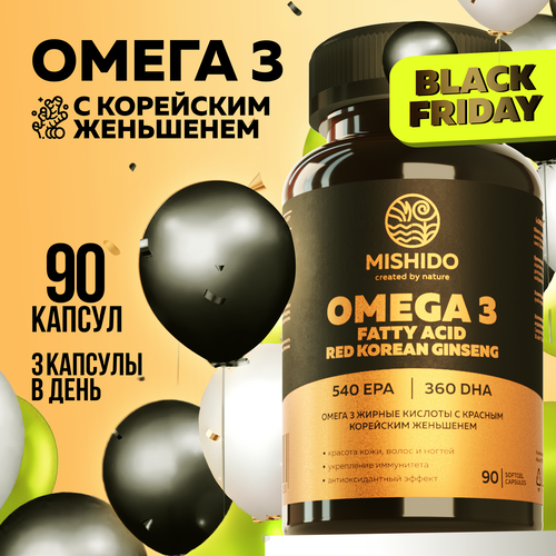 Омега 3 + красный корейский женьшень MISHIDO, 90 капсул рыбий жир 1000мг Omega 3 фото, описание