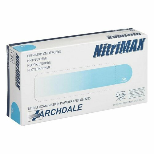 NitriMax Перчатки нитриловые неопудренные смотровые, размер XL, голубой, 50 пар (100 штук) фото, описание