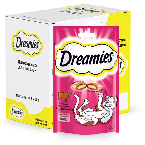 Лакомство для кошек  Dreamies Лакомство для кошек Dreamies подушечки, 360 г 6 уп. (шоу бокс) мясо фото, описание