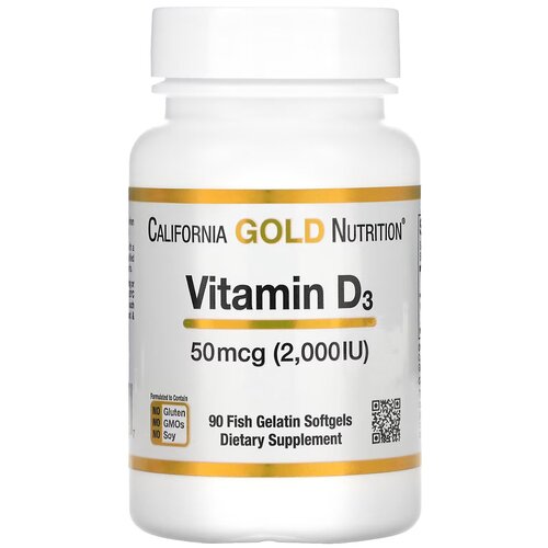 Витамин Д3 (Vitamin D3 California Gold Nutrition), 50 мкг (2000 МЕ), 90 капсул фото, описание