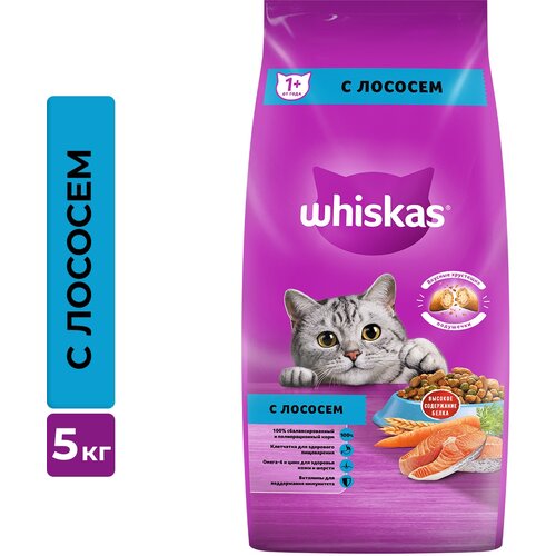 Сухой корм Whiskas для взрослых кошек «Подушечки с нежным паштетом. Обед с лососем», 5 кг фото, описание