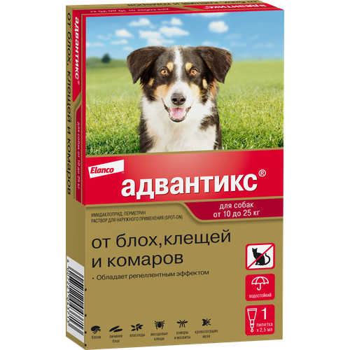 Адвантикс (Elanco)  для собак от 10 до 25 кг для защиты от блох, иксодовых клещей и летающих насекомых и переносимых ими заболеваний, 1 пипетка в упаковке фото, описание